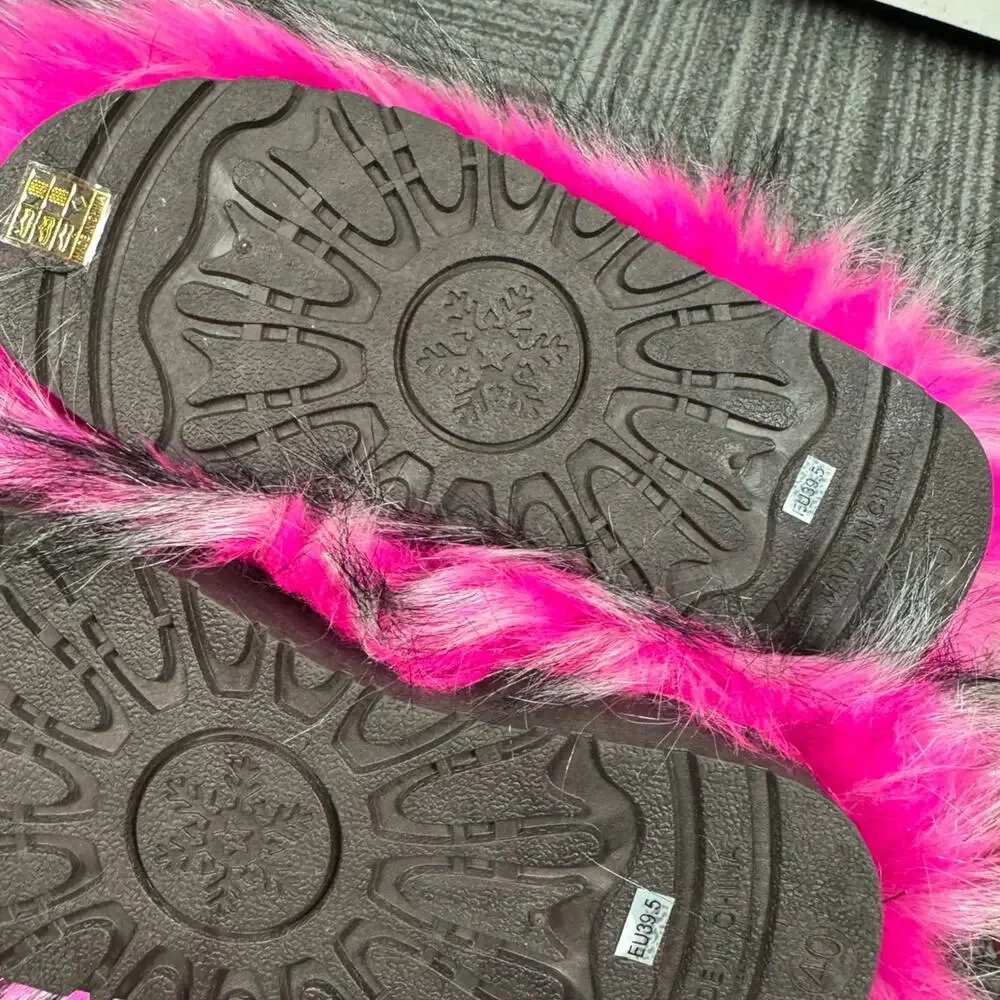 Women’s Hot Pink Faux Fur Boots Plush Winter Round Toe Furry Boots EU 39.5 New
